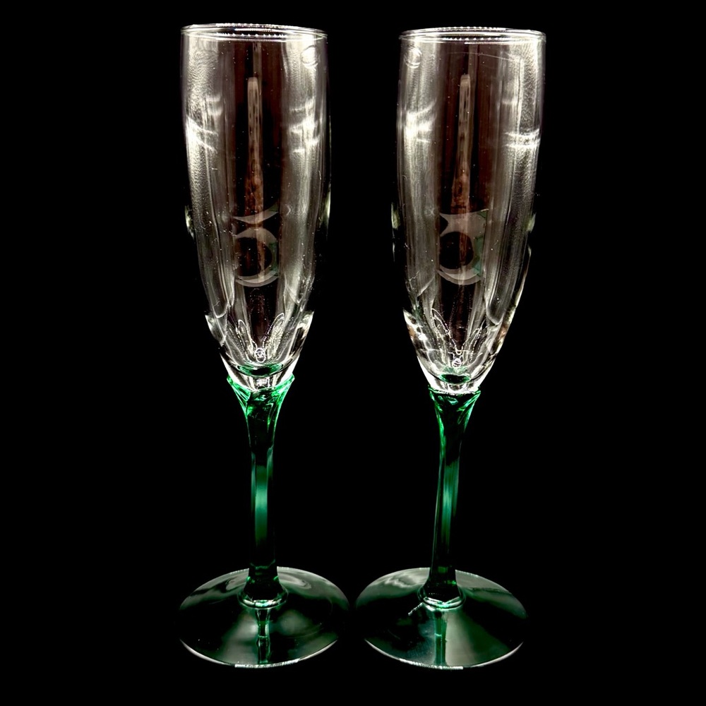 Vintage Libbey Domaine‎ Juniper Green Stem Champagne Flutes Set of 2